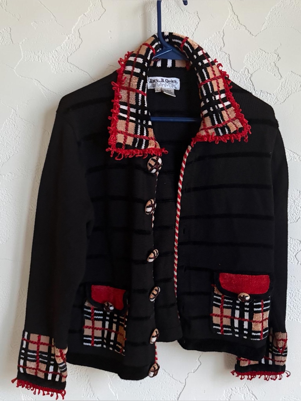 Vintage Jack B Quick Red Tan Black Tartan Plaid Button Cardigan Jacket Sz Large